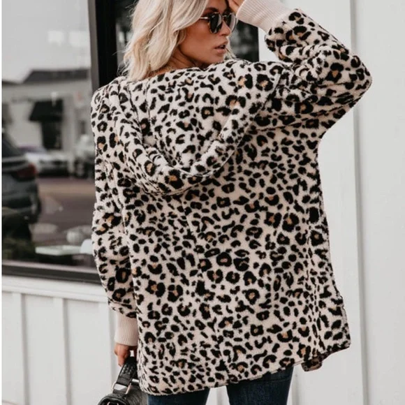 Women Leopard hooded jacket plush warm fuzzy jacket - Picture 7 of 7